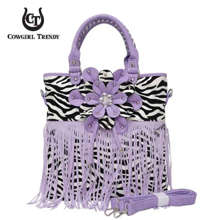 Lavender Zebra Printed W/ Flower & Fringe Handbag