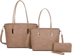 STONE 3-PIECE FASHION PU LONG HANDLE TOTE BAG WITH MATCHING BAGS SET
