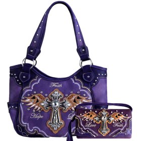 Purple Western Concealed Carry Purse And Wallet Set With Cross & Wing Embroidery