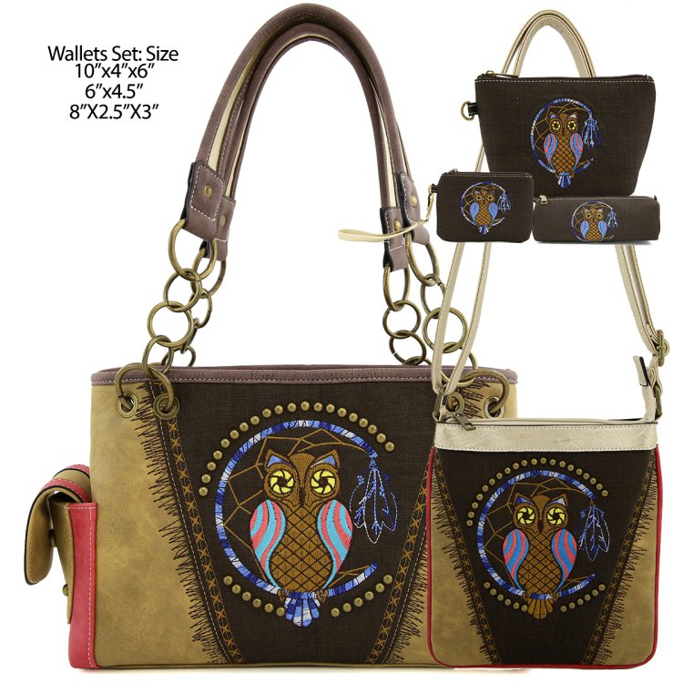 Classic Western Owl Embroidered Concealed Carry Shoulder Purse & Wallet Set