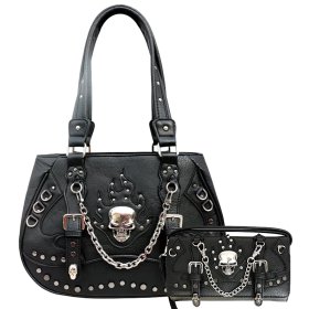 Black Western Concealed Carry Purse And Wallet Set With Skull Chain Buckle