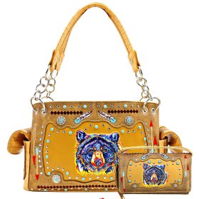 Tan Western Concealed Carry Purse And Wallet Set With Bear Embroidery