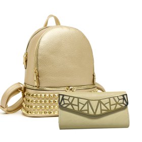 Gold Designer inspired Square Studs Backpack With Wallet