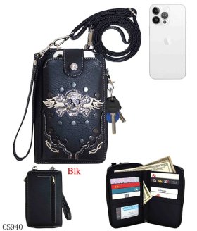 Black Western Skull Embroidery hipster Crossbody Style Cell Phone Wallet.