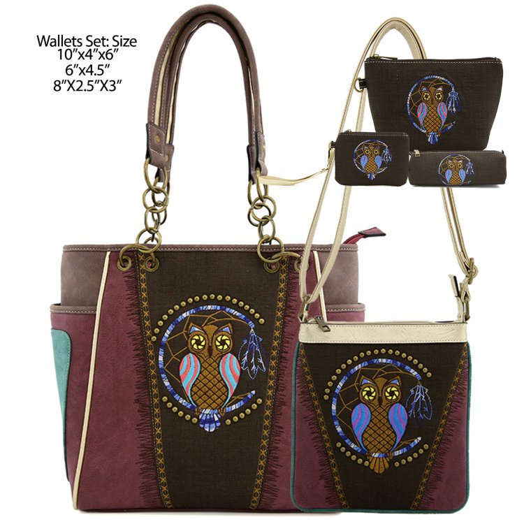 Classic Western 5 in 1 Owl Embroidery Concealed Carry Tote Purse & Wallet Set