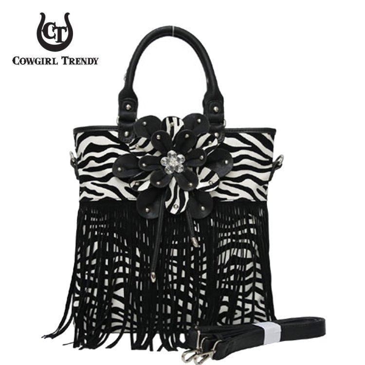 Black Zebra Printed W/ Flower & Fringe Handbag