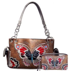 Tan Premium Butterfly Flower Embroidery Bag Set
