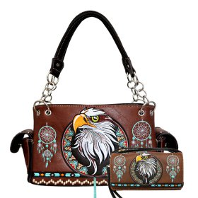 Brown Western Concealed Carry Purse And Wallet Set With Eagle Embroidery