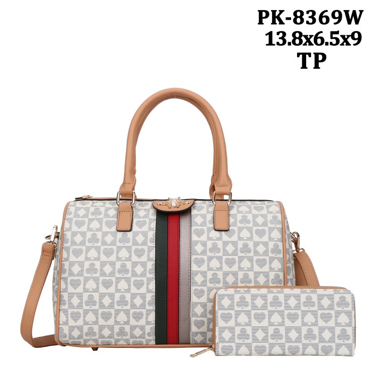 Taupe Bee With Signature Print Bag Wallet Set