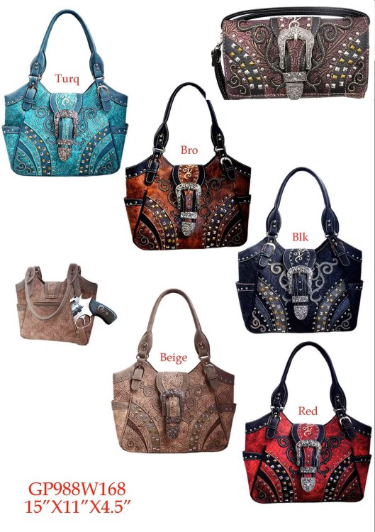 Turquoise Western Concealed Carry Purse & Wallet Set With Buckle Flower Embroide