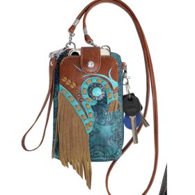 Turquoise Western Fringe Embroidery hipster Crossbody Style Purses Phone Bag