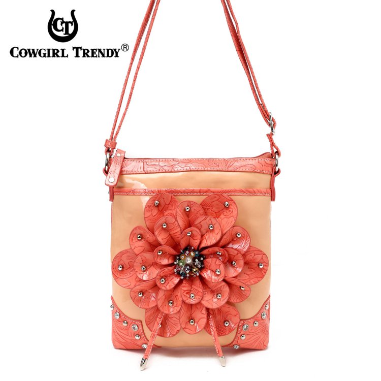 Coral Flower Center Accented And Studs Crossbody Purse