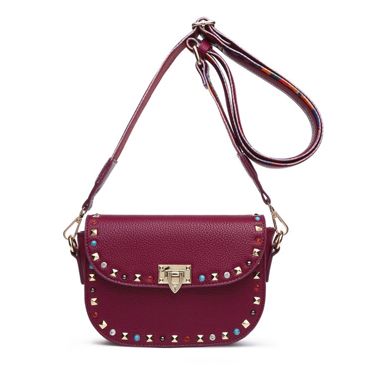 Red Solid Flap Color Stones & Studs Crossbody Purse