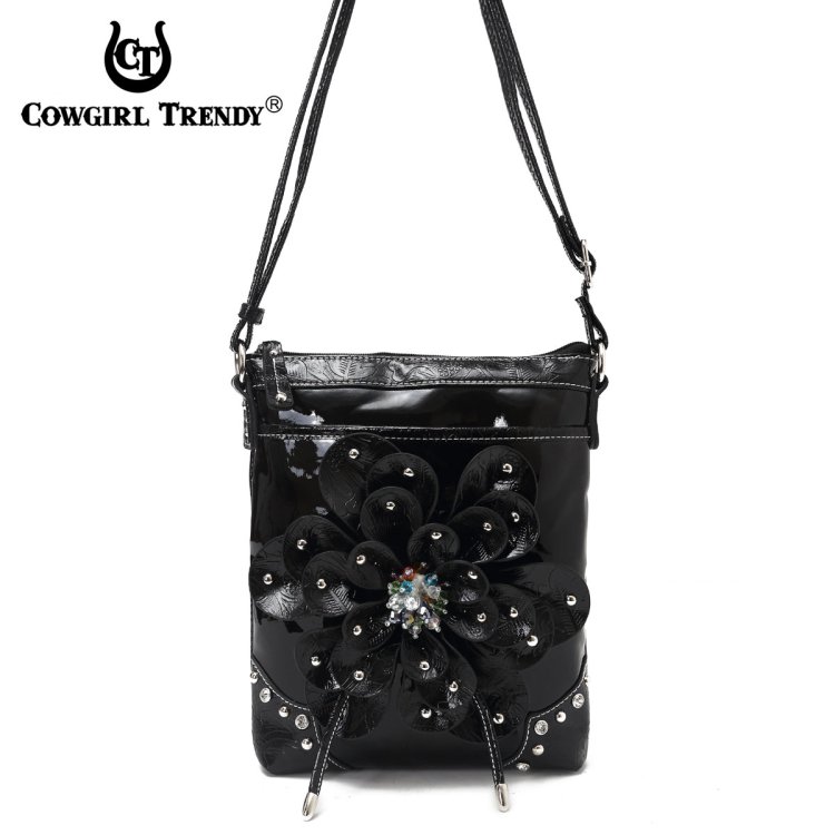 Black Flower Center Accented And Studs Crossbody Purse