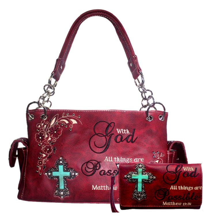 Red Western Concealed Carry Purse And Wallet Set With Bible Verse Embroidery