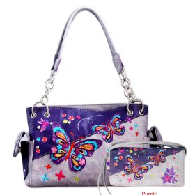 PURPLE WESTERN CONCEALED CARRY PURSE AND WALLET SET WITH BUTTERFLY EMBROIDERY