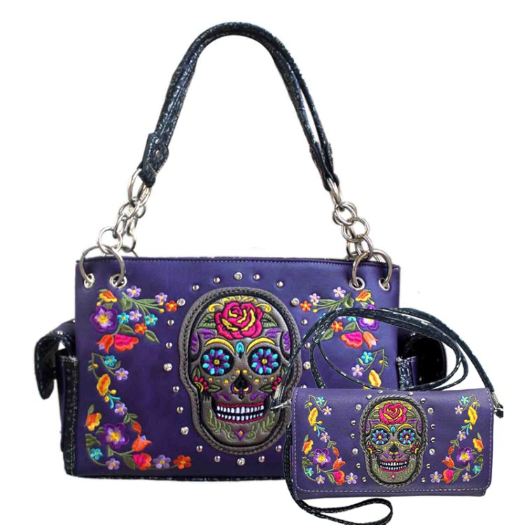 Purple Western Concealed Carry Purse And Wallet Set With Skull Embroidery