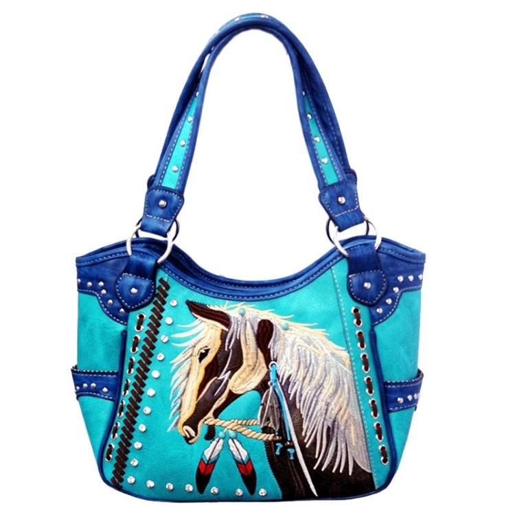 Turquoise Western Concealed Carry Purse With Horse Embroidery