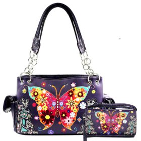 PURPLE WESTERN CONCEALED CARRY PURSE AND WALLET SET W/LARGE-BUTTERFLY EMBROIDERY