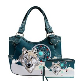 Teal Wolf Dream Catcher Concealed Carry Tote Purse & Wallet Set
