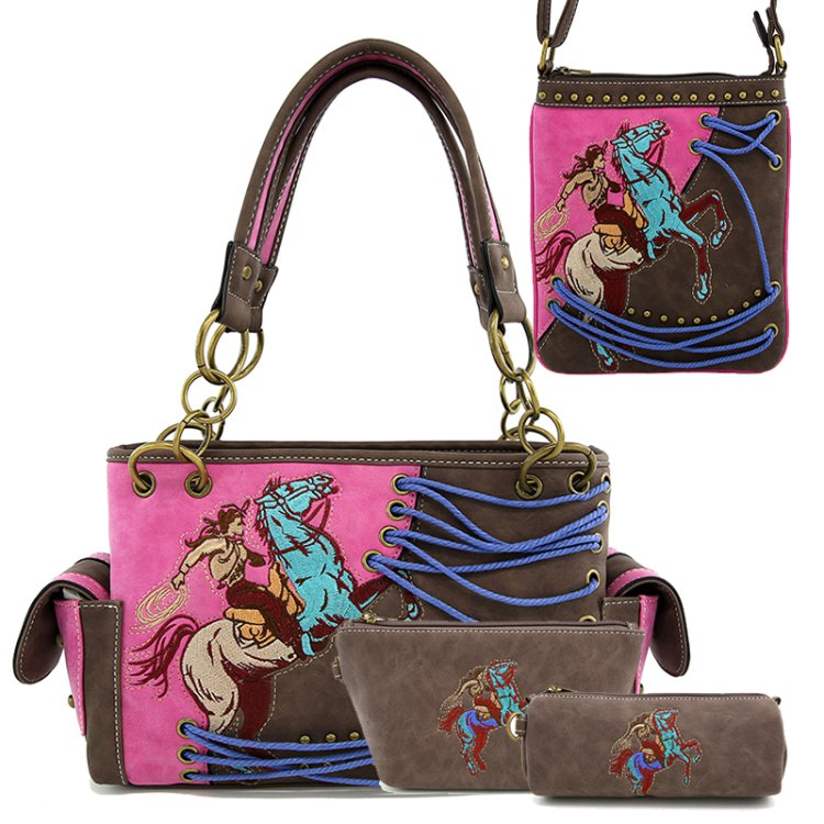 Taupe Classic Western Horse Embroider Concealed Carry 3-Piece Purse Set