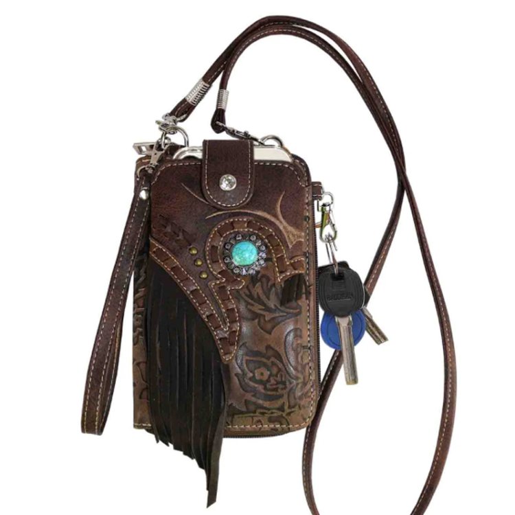 Brown Western Fringe Embroidery hipster Crossbody Style Purses Phone Bag
