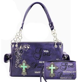 Purple Western Concealed Carry Purse And Wallet Set With Bible Verse Embroidery