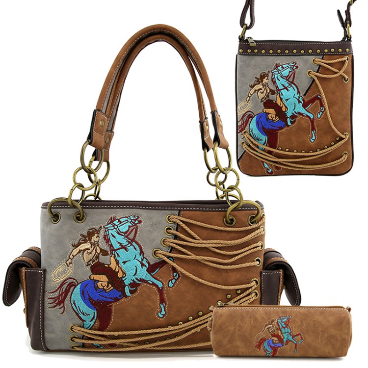 Light Camel Classic Western Horse Embroider Concealed Carry 3-Piece Purse Set