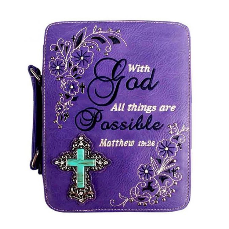 Purple Bible Cover With Verse Embroidered Matthew 19:26