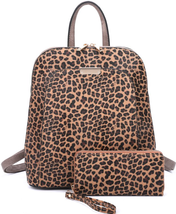 Stone Leopard Backpack With Matching Wallet Set
