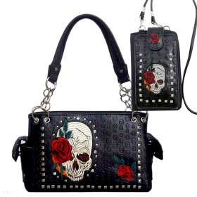 Black Western Concealed Carry Purse With Skull Embroidery