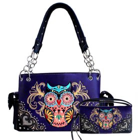 Purple Western Concealed Carry Purse And Wallet Set With Owl Embroidery