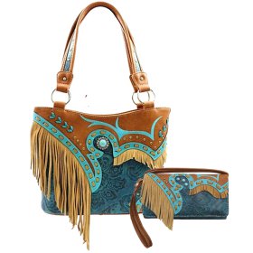 Turquoise Western Concealed Carry Purse & Wallet W/ Swinging Fringe Embroidery