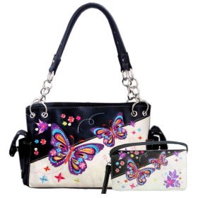 BLACK WESTERN CONCEALED CARRY PURSE AND WALLET SET WITH BUTTERFLY EMBROIDERY