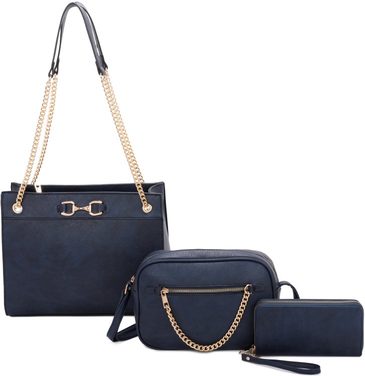 Navy 3-Piece Big Handbag With Middle Messenger And Wallet