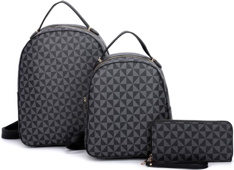 Black 3-Piece Triangle Monogram Plain Backpack With Matching Bag