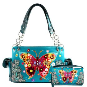 TURQ WESTERN CONCEALED CARRY PURSE AND WALLET SET W/LARGE-BUTTERFLY EMBROIDERY