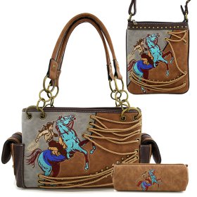 Light Camel Classic Western Horse Embroider Concealed Carry 3-Piece Purse Set
