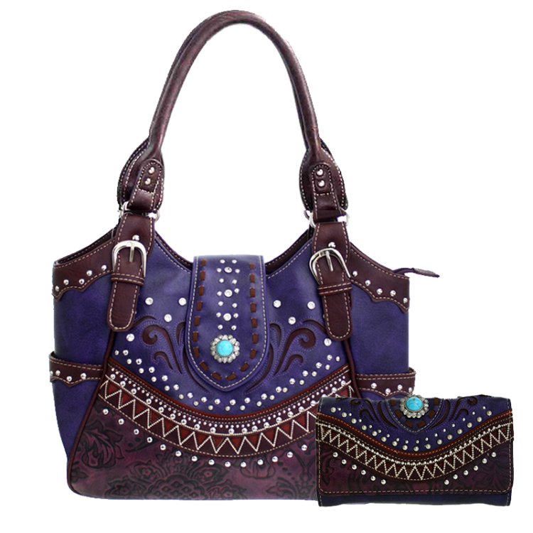 Purple Western Concealed Carry Purse And Wallet Set With Aztec Embroidery