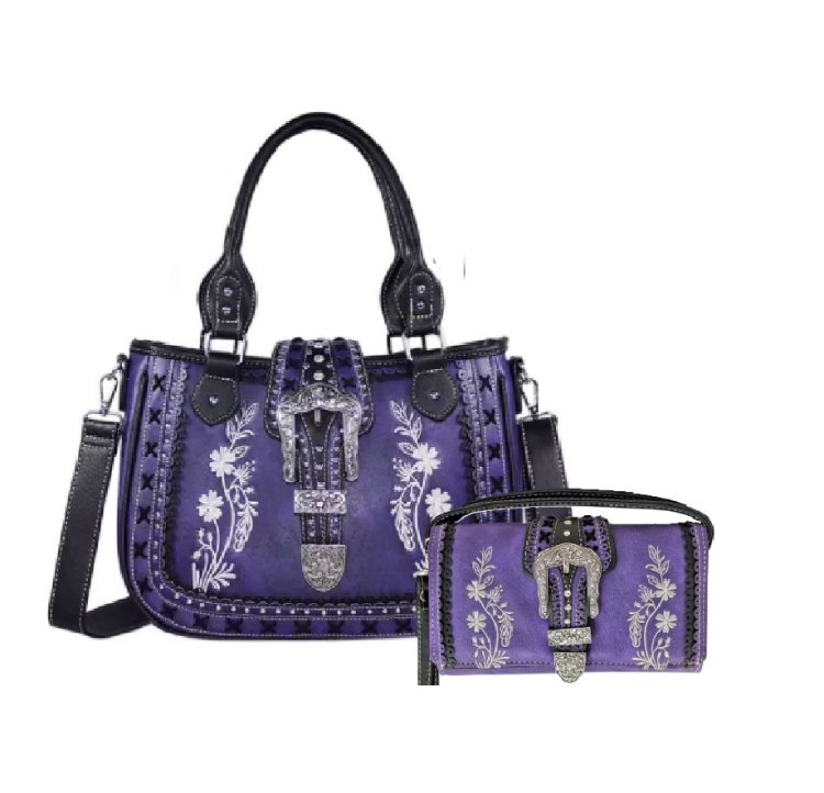 Purple Premium Buckle Embroidery Concealed Carry Purse & Wallet Set