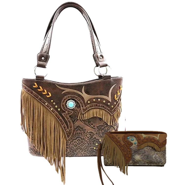 Brown Western Concealed Carry Purse And Wallet With Swinging Fringe Embroideryr