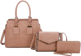 Khaki 3-Piece Plain Tote Bag With Messenger And Wallet Set
