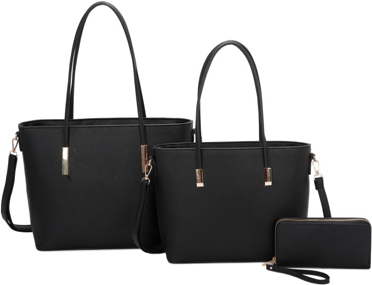 Black 3-Piece Fashion Pu Long Handle Tote Bag With Matching Bag Set