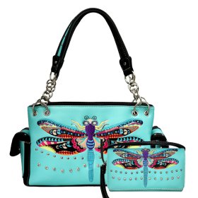 Mint Western Concealed Carry Purse And Wallet Set With Dragon Fly Embroidery