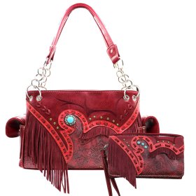 Red Western Concealed Carry Purse & Wallet Set With Fringe Multi-Ring Embroidery