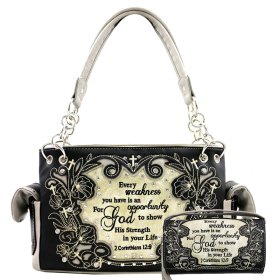 Blk/Gry Western Concealed Carry Purse And Wallet Set With Bible Verse Embroidery