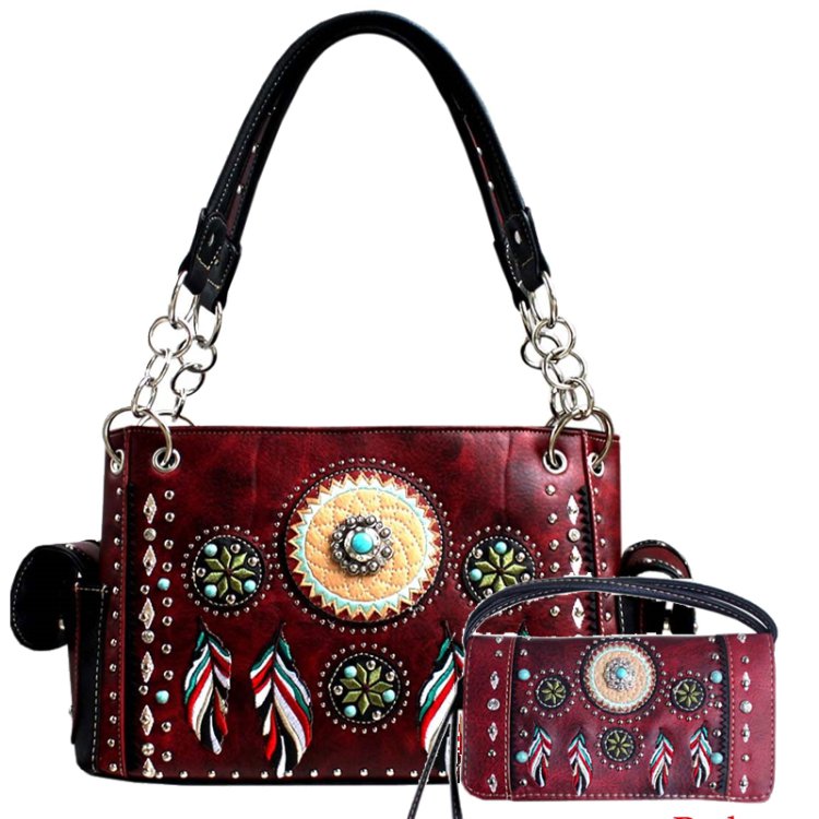 Red Western Concealed Carry Purse And Wallet Set With Tribal Feather Embroidery