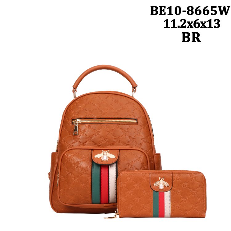 Brown Signature Inspired Fashion Backpack & Wallet Set