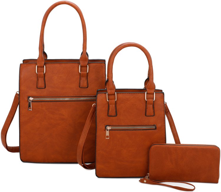 Brown Smooth Textured 3-Piece Purse Set With Messenger