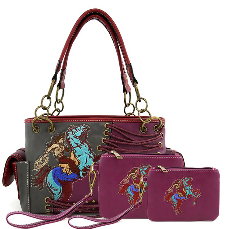 Bergundy Classic Western Horse Embroider Concealed Carry 3-Piece Purse Set